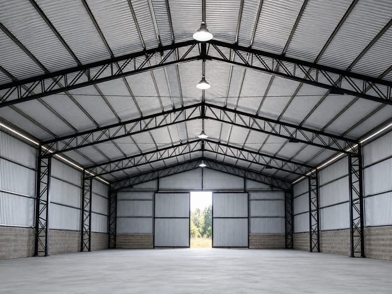 Interior de un galpón con estructura de vigas reticuladas negras y cerramiento de chapa