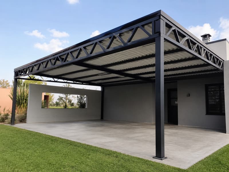 Tinglado de estructura metálica negra con vigas reticuladas y techo de chapa, sobre un patio de cemento